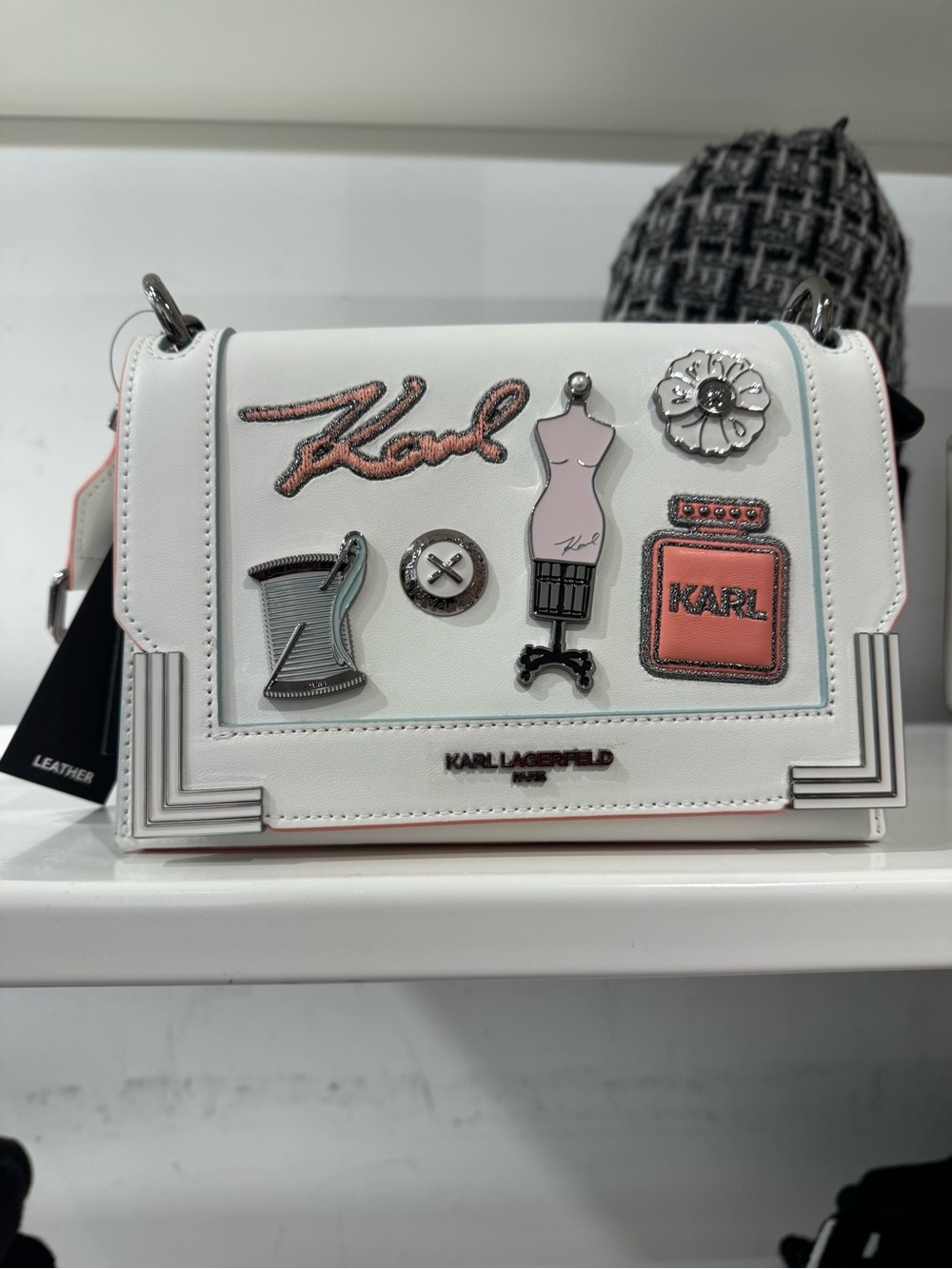 Karl Lagerfeld White Leather Crossbody with Pink and Silver Accents
